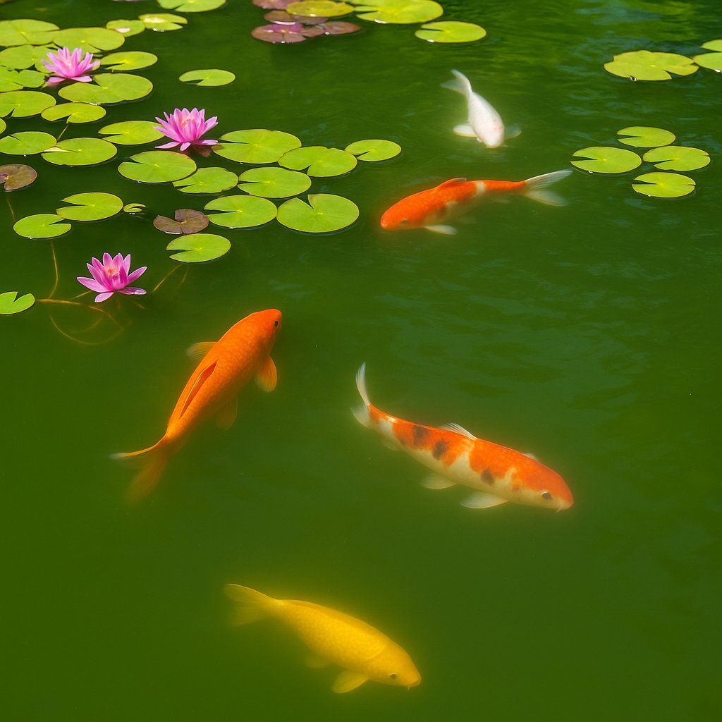 Koi-Teich mit grünem trüben Wasser