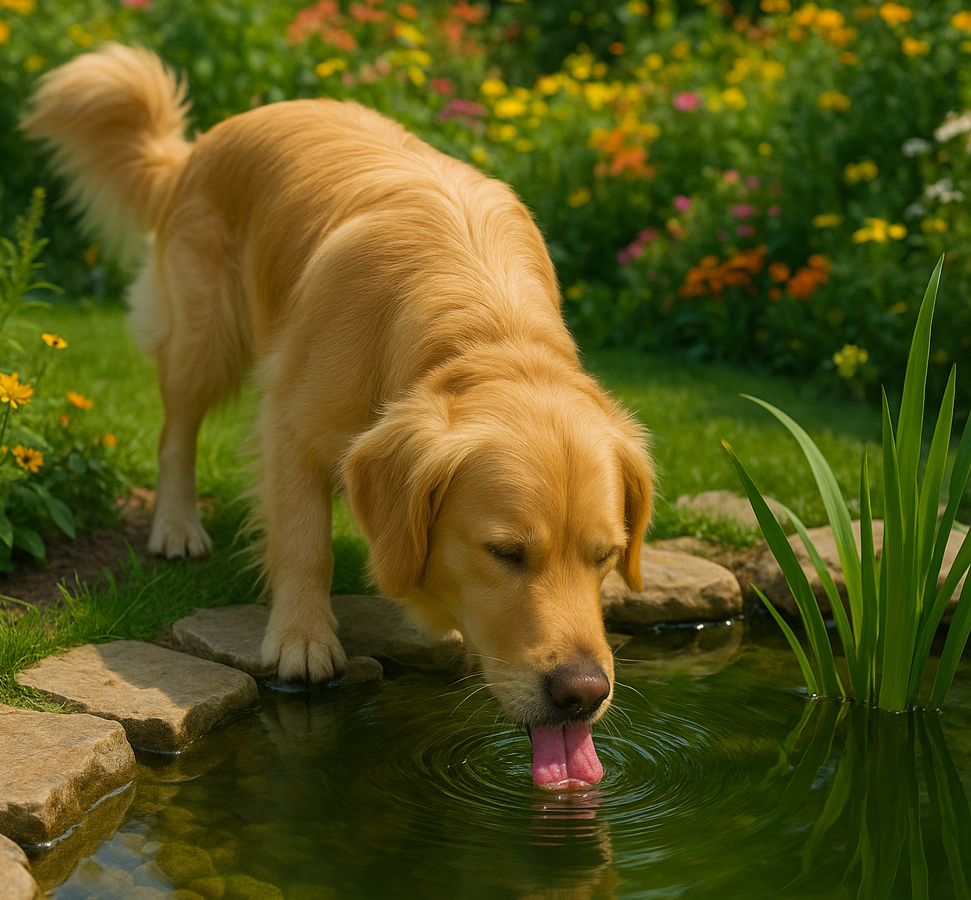 Hund trinkt aus Gartenteich